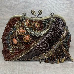 Chico’s Brown Beaded Purse Clutch with Chain Strap